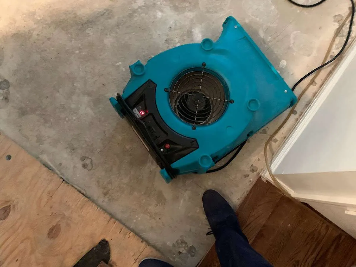 Air mover drying subfloor during Commercial Water Damage Restoration in Erie